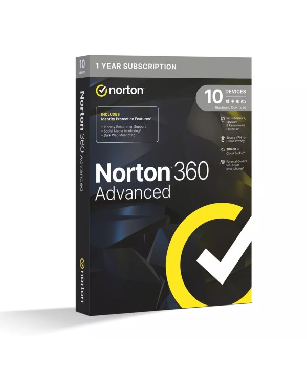 Norton 360 Advanced für Windows/Mac/iOS/Android 10 Geräte 1 Jahr + 200 GB MD (ohne Abonnement) (deutsch)