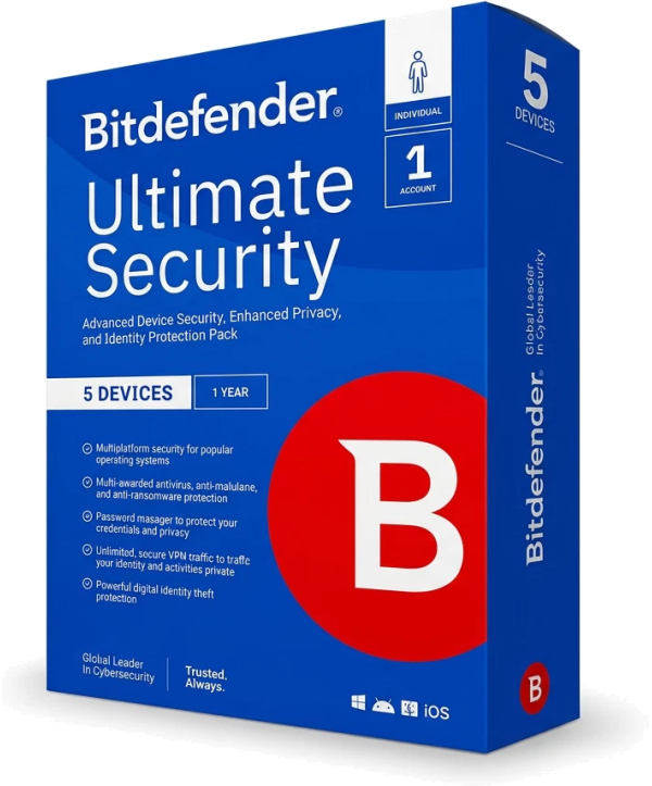 Bitdefender Ultimate Security Individual 2026 für PC/Mac/iOS/Android 5 Geräte 1 Jahr Deutsch/Multilingual (Multi-Device)